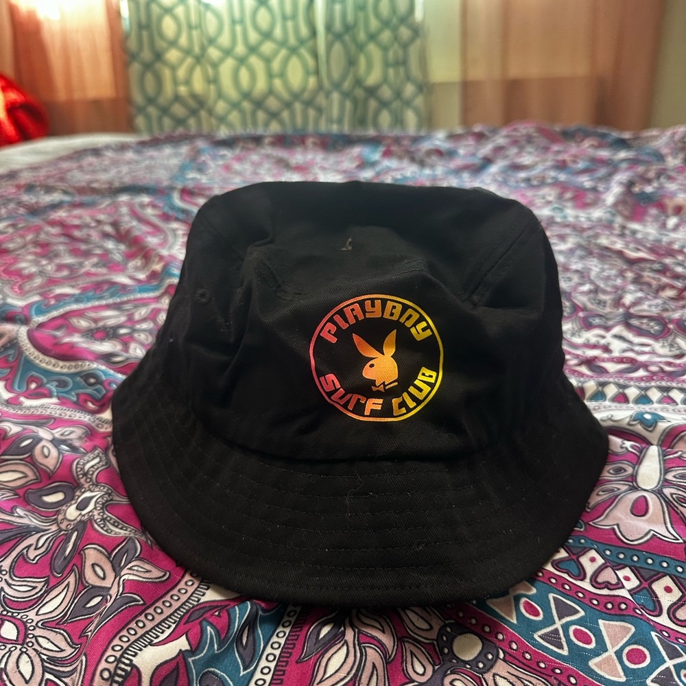 PLAYBOY Black Bucket Hat with Rainbow Surf Club Emblem